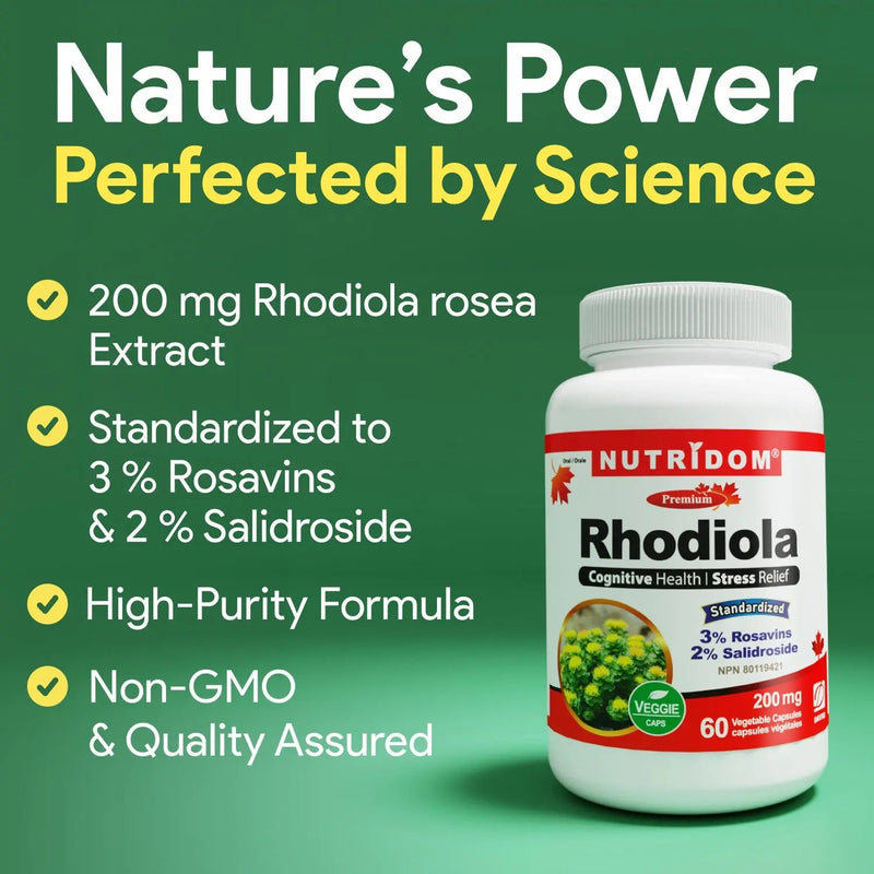 Rhodiola Rosea 200mg | 3% de Rosavines & 2% de Salidroside | Adaptogène pour Soutenir Contre le Stress | 60 Capsules Véganes