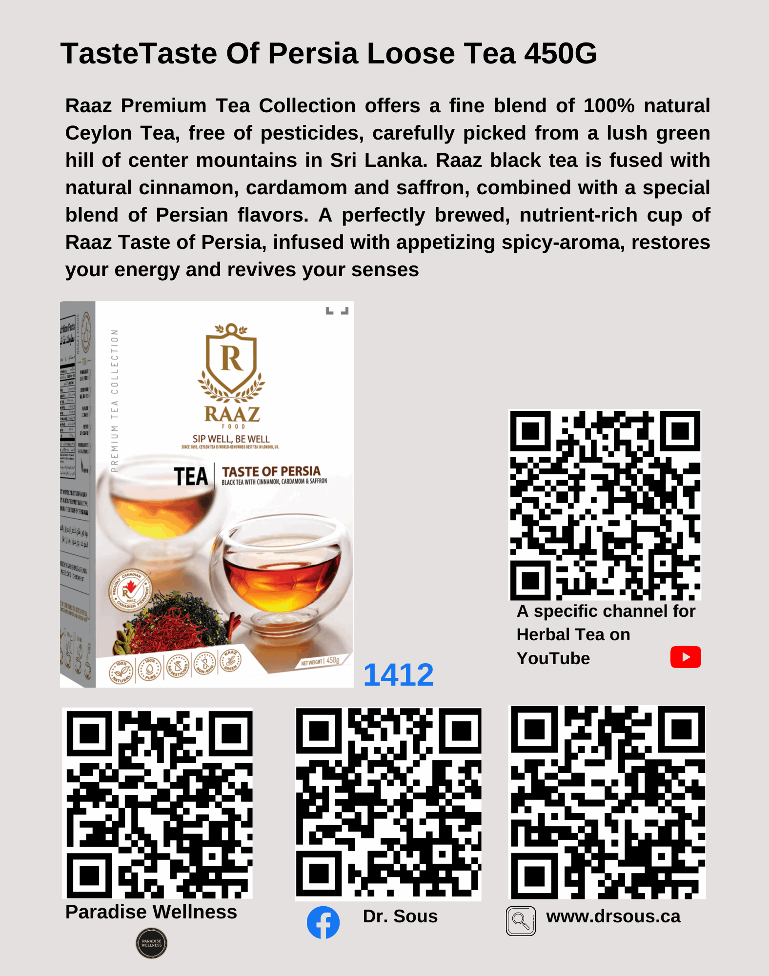 1412. Taste Of Persia Loose Tea 450G - DrSous.Ca