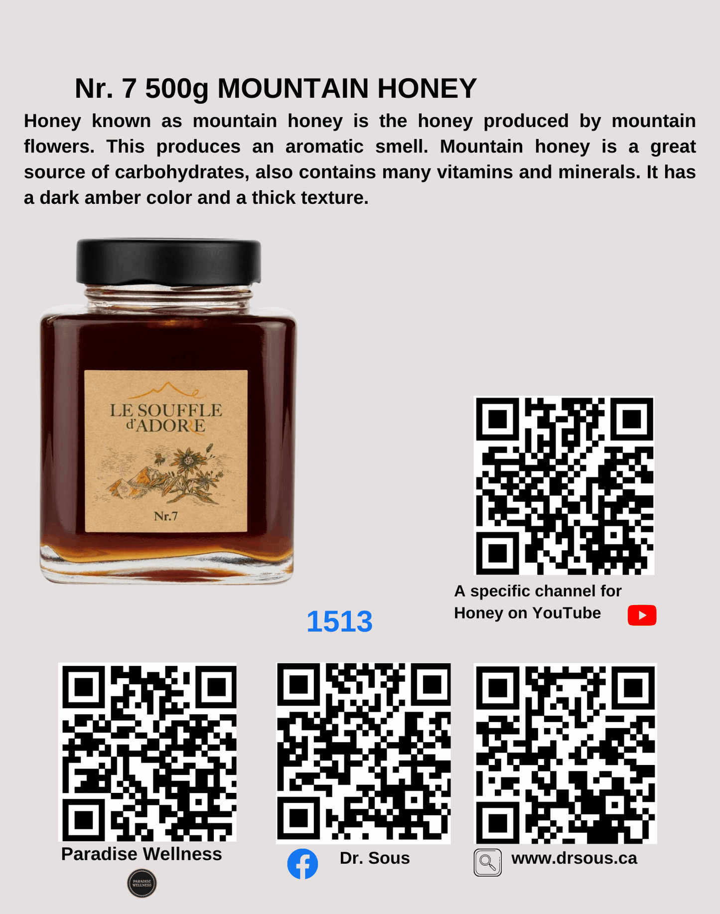 1513. Nr. 7 500g MOUNTAIN HONEY - DrSous.Ca