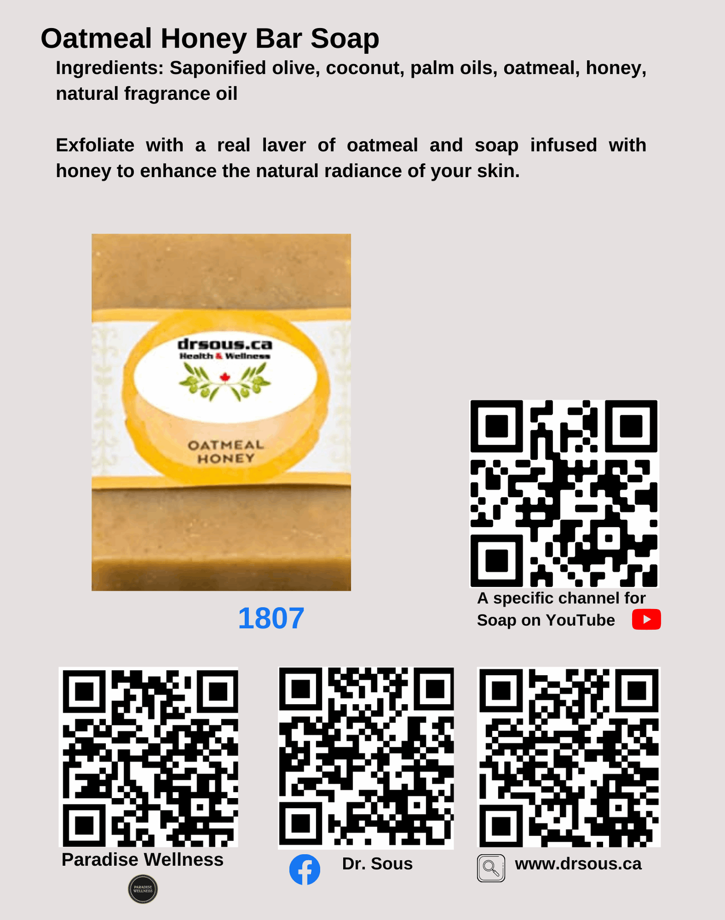 1807.Oatmeal Honey Bar Soap - DrSous.Ca