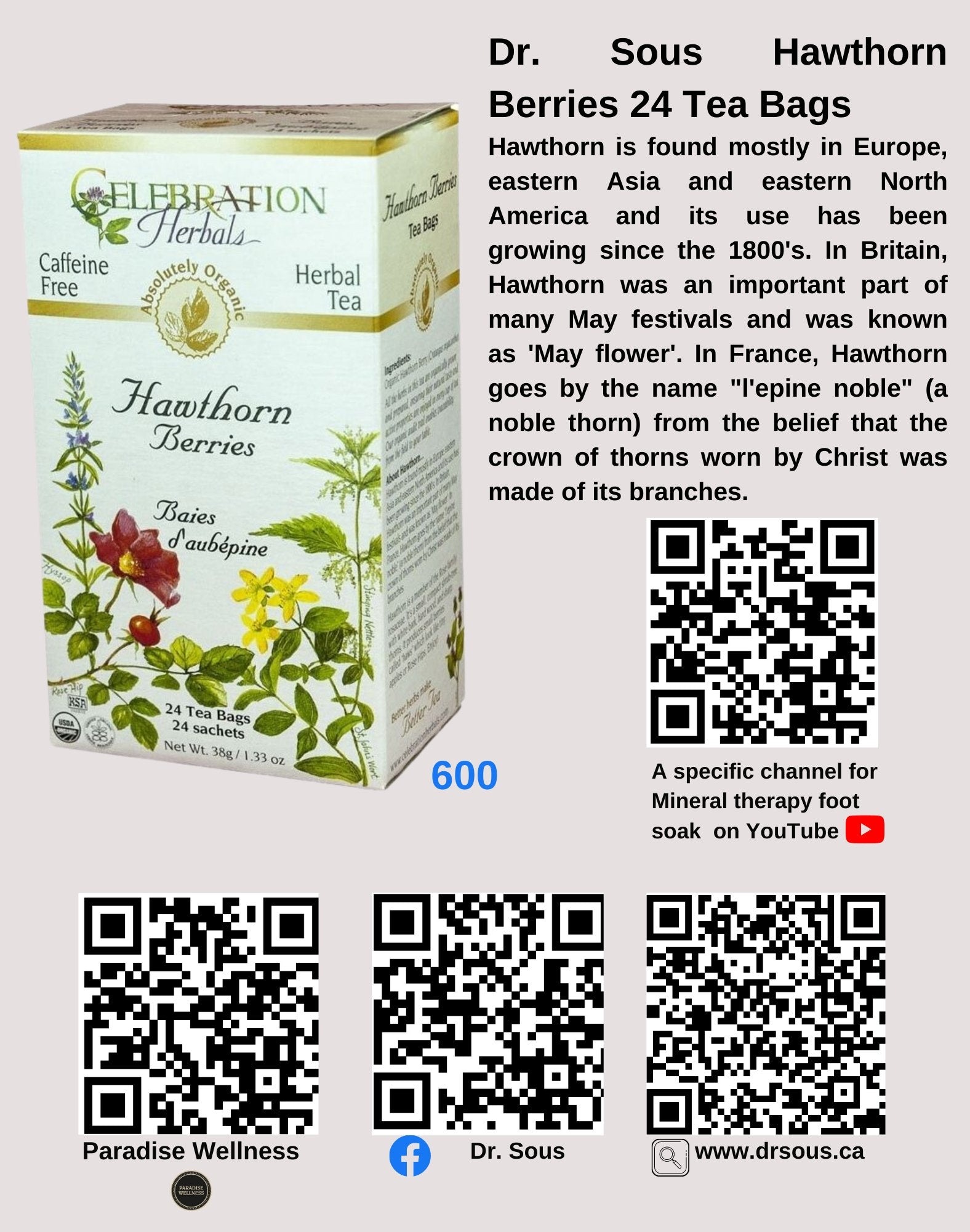 600. Dr. Sous Hawthorn Berries 24 Tea Bags - DrSous.Ca